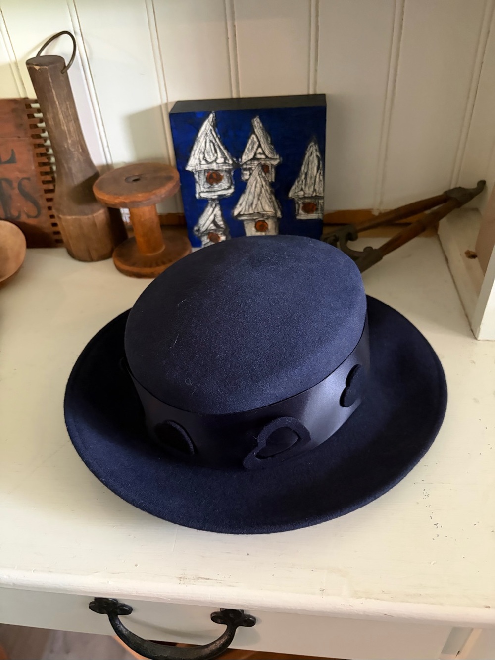 Vintage 1960’s Georgette Navy Felt Hat with Ribbon Trim